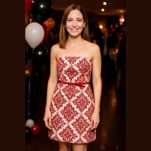 Eva Mendes New York & Co. Strapless Red & White Patterned Dress With Belt